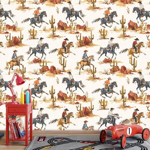 Carta da parati carina con cowboy del Texas, carta da parati temporanea con cactus del deserto, murale da parete con cowboy e cavallo, autoadesiva, stacca e attacca, tessuto non tessuto