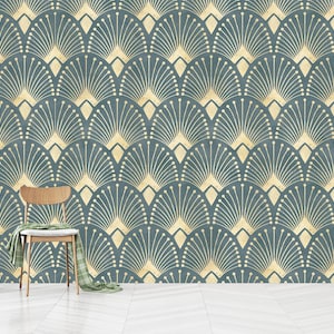 Blau, Grün und Gold Art Deco selbstklebende Tapete, Art Deco Luxus-Wanddekoration, selbstklebend, schälen und aufkleben, Vlies