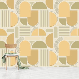 Neutral-Tone Geometric Abstract Art with Textured Shapes and Intersecting Patterns,Yellow Circle Shape,Self-Adhesive,Peel And Stick,NonWoven