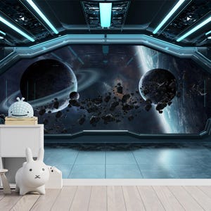 Paesaggio terrestre con astronave, poster con astronave, design per pareti interne con astronavi, cameretta per bambini, autoadesivo, stacca e attacca, tessuto non tessuto