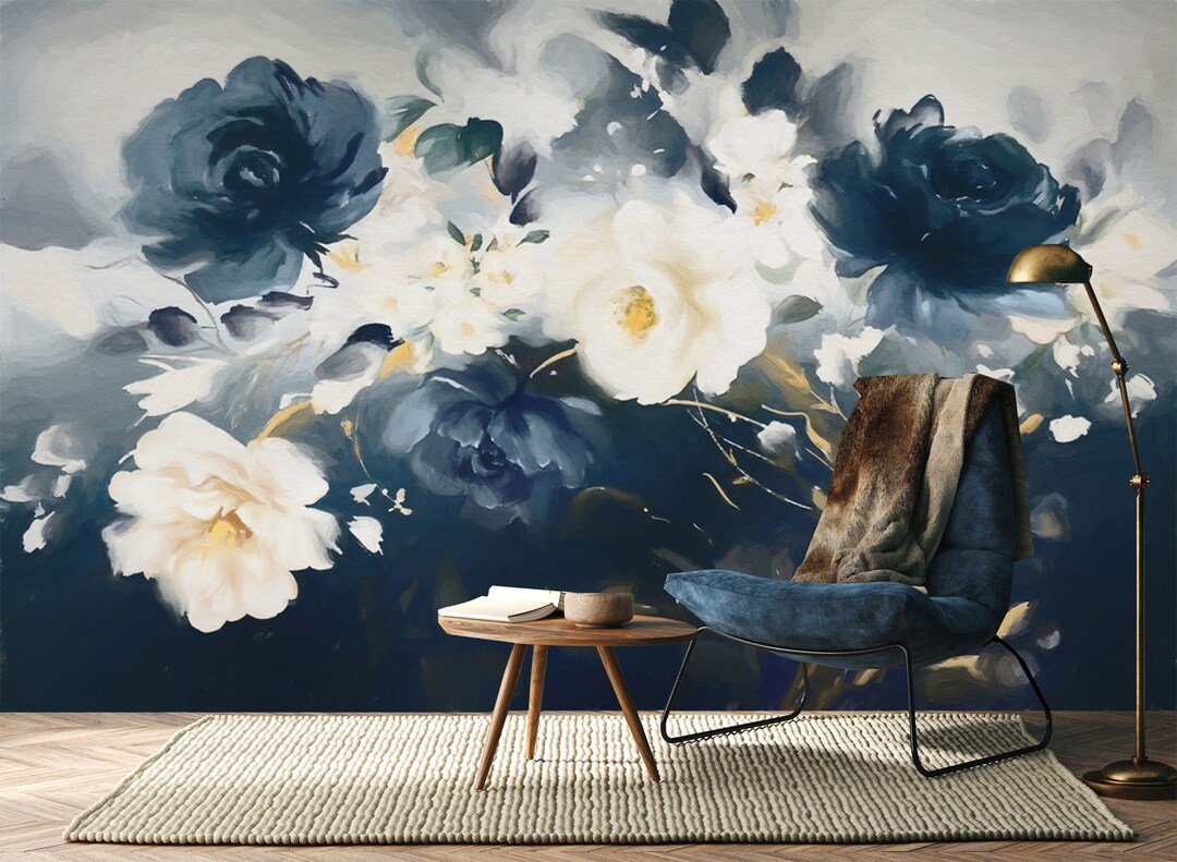 Floral Watercolor Wallpaper, White Flowers Wall Decor, Oil Painting ...