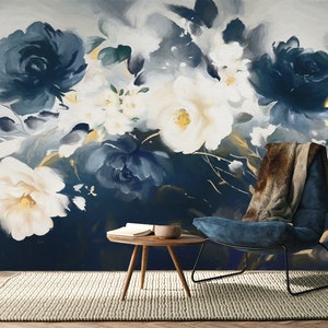 Carta da parati floreale ad acquerello, decorazione murale con fiori bianchi, decorazione murale floreale con pittura a olio, autoadesiva, stacca e attacca, non tessuta