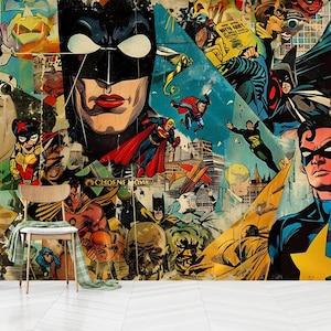 Carta da parati Pop Art Comic Superhero Peel And Stick, collage retrò vintage Comic Pop Art Kids Room Wall Decor, autoadesiva, non tessuta