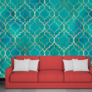 Carta da parati con motivo marocchino stacca e attacca, arte murale marocchina dorata, decorazione murale orientale geometrica, autoadesiva, stacca e attacca, tessuto non tessuto
