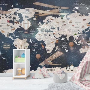 Kinder Karte Tapete zum Abziehen und Aufkleben, bildung Kontinent Weltkarte Tapete Vlies, Kinderzimmer Wand, selbstklebend, Abziehen und aufkleben, Vlies