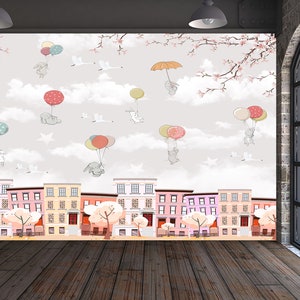 Kids Room Flying Animals Wallpaper Peel and Stick, Flying Animals Wall Decor Non-Woven,Cartoon Houses,Self Adhesive,Peel and Stick,Non-Woven