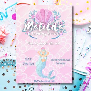 Invitation d'anniversaire pour les filles, sirène mer Ariel petite sirène rose modèle d'invitation d'anniversaire, téléchargement imprimable modifiable