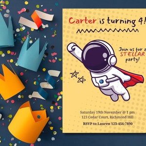 Birthday Invitation for Boys, Astronaut Stars Space Planets Yellow Birthday Invitation Template, Editable Printable Download