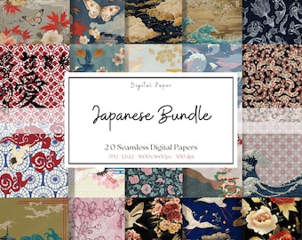 May include: A digital paper bundle featuring 20 seamless Japanese-inspired patterns. The patterns include cranes, flowers, waves, clouds, and traditional Japanese symbols. The patterns are in a variety of colors, including red, blue, green, and gold. The digital papers are perfect for scrapbooking, card making, and other craft projects.