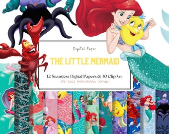 Little Mermaid Clipart Bundle, Ariel PNG, Digital Papers (Instant Download)