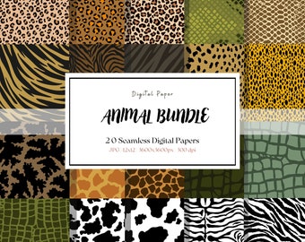 20 Animals Print Digital Paper Bundle, Leopard,Tiger,Zebra,Giraffe,Cow Print Digital Paper, Animal Patterns Bundle