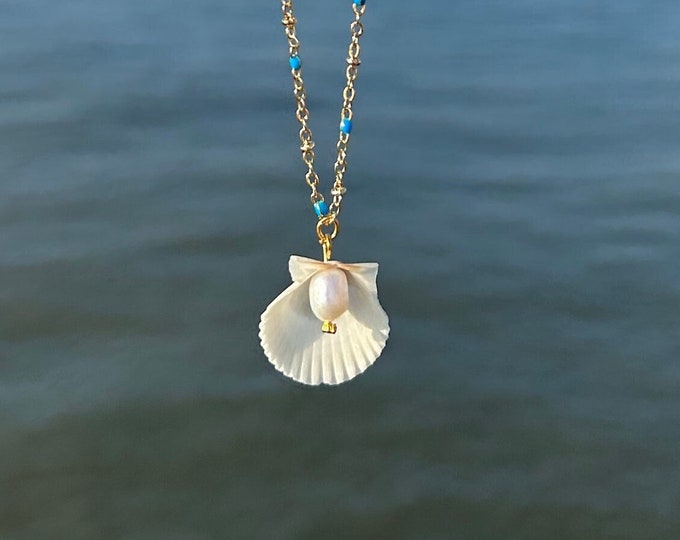 Calico Shell Necklace, One of a Kind, Pearl Insert, Handmade, Blue and Gold Beaded Chain, 16 Inches, Customizable Gift Box Option