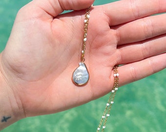 Freshwater Pearl Necklace, White Pearl, White and Gold Beaded Chain, Handmade, 16 Inches, Customizable Gift Box Option