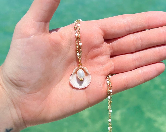 Calico Shell Necklace, One of a Kind, Pearl Insert, Handmade, White and Gold Beaded Chain, 16 Inches, Customizable Gift Box Option