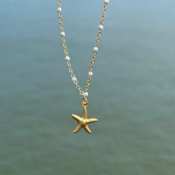 Gold Starfish Necklace, White and Gold Beaded Chain, Handmade, 16 Inches, Customizable Gift Box Option