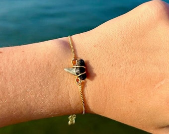 Wire Wrapped Shark Tooth Bracelet – Adjustable Gold Slider Bracelet with Locally Found Shark Tooth, Coastal Jewelry Gift