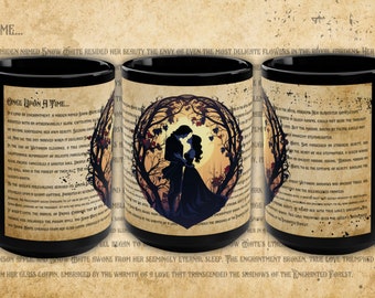 May include: Black coffee mug featuring a silhouette of a couple in a forest scene. The mug has a vintage-style text design that reads "Once Upon A Time..." and includes a passage about a maiden named Snow White.