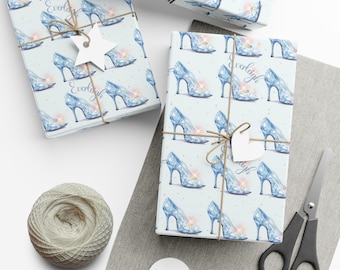 Personalized Light Blue Cinderella Gift Wrap Paper- Crystal Glass Shoe Heel Slipper- Princess Fairytale Party- Royal Wrapping Paper