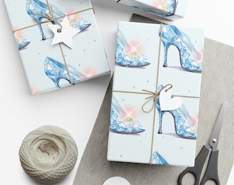 Light Blue Cinderella Gift Wrap Paper- Crystal Glass Shoe Heel Slipper- Princess Fairytale Party- Royal Wrapping Paper
