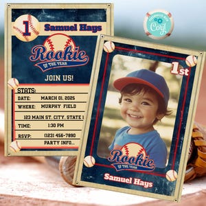 Invitación al primer cumpleaños del novato del año en el béisbol / Tarjeta de béisbol vintage / Corjl editable / Fiesta deportiva / Recuerdo fotográfico personalizado