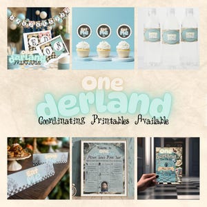 May include: A set of printable party decorations for a first birthday party with an Alice in Wonderland theme. The decorations include a banner, cupcake toppers, water bottle labels, a welcome sign, and an invitation. The colours are blue, white, and black.