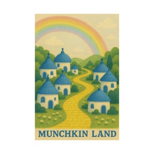 May include: Illustration of Munchkin Land with blue-roofed houses, a yellow brick road, and a rainbow. The houses have white walls and arched doorways. The text "MUNCHKIN LAND" is at the bottom of the image. The background features green hills and trees.