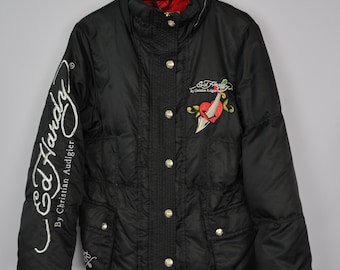 Vintage Womens Ed Hardy Embroided Logo Tiger Down Puffer Jacket Size M P2P 19'6"