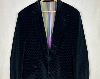 May include: A black velvet blazer with a subtle diamond pattern. The blazer has a single button closure and two flap pockets.