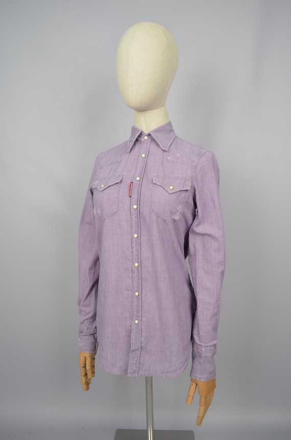 Dsquared2, Dsquared2 Denim Western Snap Distressed Shirt Violet Size 40 S P2P 17'3" Luxury