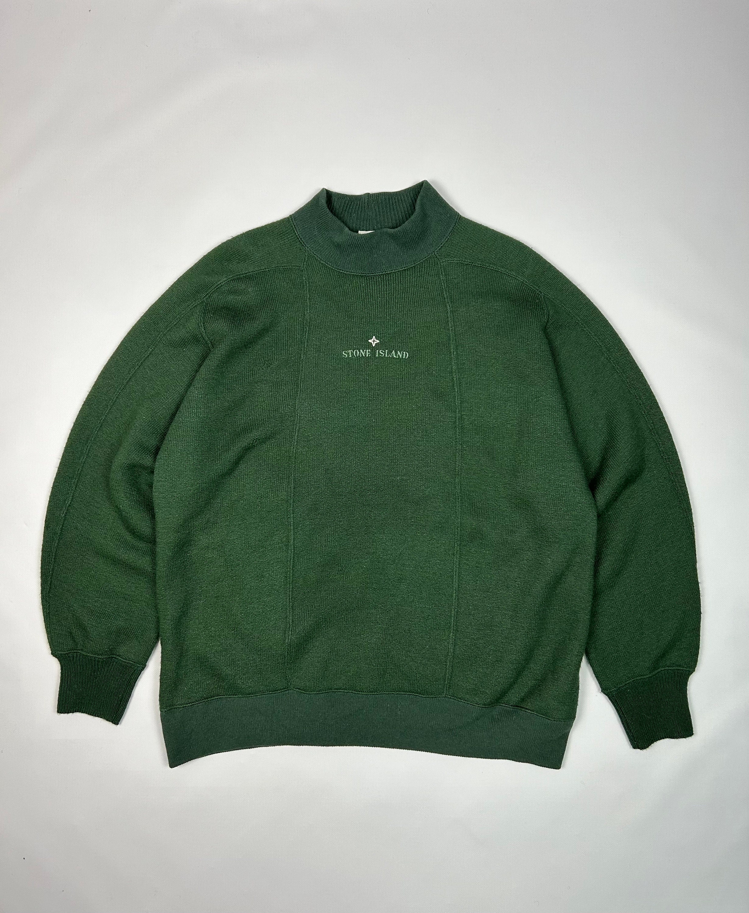 90s 80s Y2k Stone Island Wool Green Sweater Embroided Logo 90s 80s Y2k Stone Island Wool Green Sweater Embroided Logo
