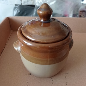 Peut inclure: Un petit pot en céramique brun avec un couvercle. Le pot a une bande brun clair autour du milieu et un fond beige clair. Le couvercle a un sommet pointu.