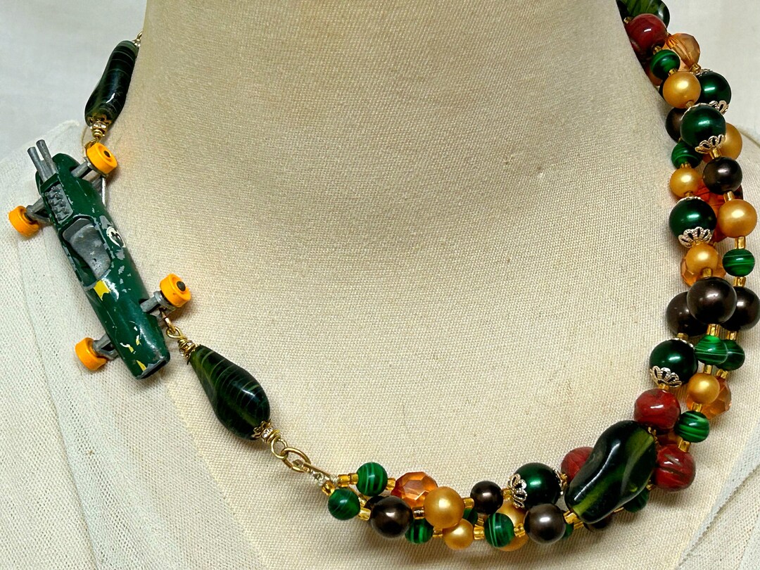 Race Car Necklace, Green & Gold Asseblage Necklace, Upcycled Toy Car Etsy