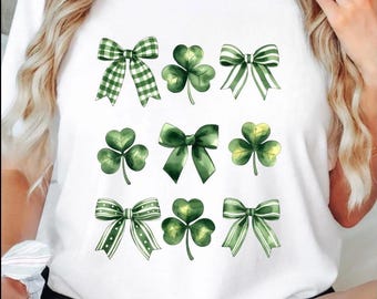 Green Shamrock Bow Grid T-Shirt | St. Patrick's Day Clover Graphic Tee