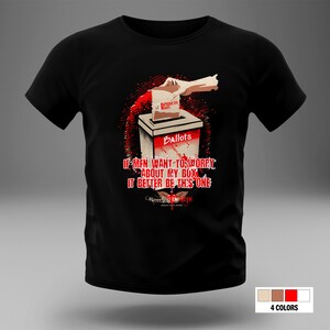 May include: Black t-shirt featuring a red and white graphic of a hand dropping a ballot into a box labelled "Ballots". The ballot reads "Reproductive Rights". The text below reads "If men want to worry about my box it better be this one". The bottom of the shirt reads "Bleeding Hearts".