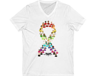 May include: White V-neck t-shirt featuring a rainbow ribbon formed by people. The ribbon symbolises unity and diversity. The text "Blood Brothers" is printed beneath the ribbon.