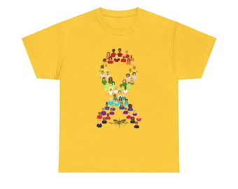 May include: Yellow t-shirt featuring a graphic of a rainbow ribbon formed by people of various races and ethnicities. The text "Hope Floats" is at the bottom of the ribbon.
