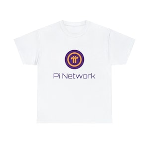 May include: White t-shirt featuring the Pi Network logo. The logo is a circle with a purple border and a gold symbol inside. Below the logo is the text "Pi Network" in purple.
