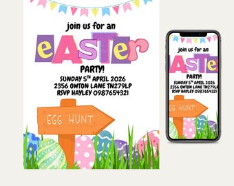 easter egg hunt invitation, editable canva digital and printable template, easter bunny invite