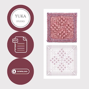 May include: A crochet pattern for a square with a pink and purple color scheme. The pattern includes a detailed diagram and instructions for creating the square. The pattern is available as a PDF download.