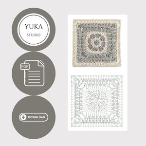 May include: A crochet square pattern with a detailed centre motif in shades of grey and green. The pattern is available as a PDF download. YUKA STUDIO is printed on the top left corner of the image.