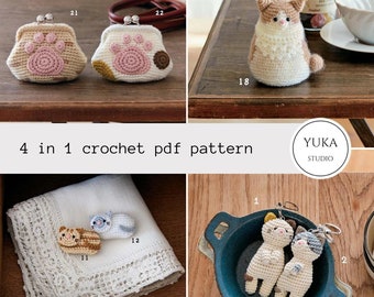 May include: A collection of handmade crochet items, including coin purses with paw print designs, cat-shaped figurines, brooches, and keychains. The image includes the text "4 in 1 crochet pdf pattern" and the "YUKA STUDIO" logo.
