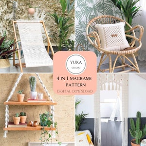 May include: A collage of four images showcasing macrame projects. The top left image shows a white macrame hammock chair. The top right image shows a white macrame pillow on a wicker chair. The bottom left image shows a macrame shelf with two shelves. The bottom right image shows a white macrame curtain with tassels. The text "4 IN 1 MACRAME PATTERN DIGITAL DOWNLOAD" is displayed in the center of the collage.