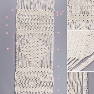 K&ouml;nnte beinhalten: Ein wei&szlig;er Makramee-Wandbehang mit geometrischem Muster. Der Behang ist aus Baumwollschnur gefertigt und hat unten einen Fransen.