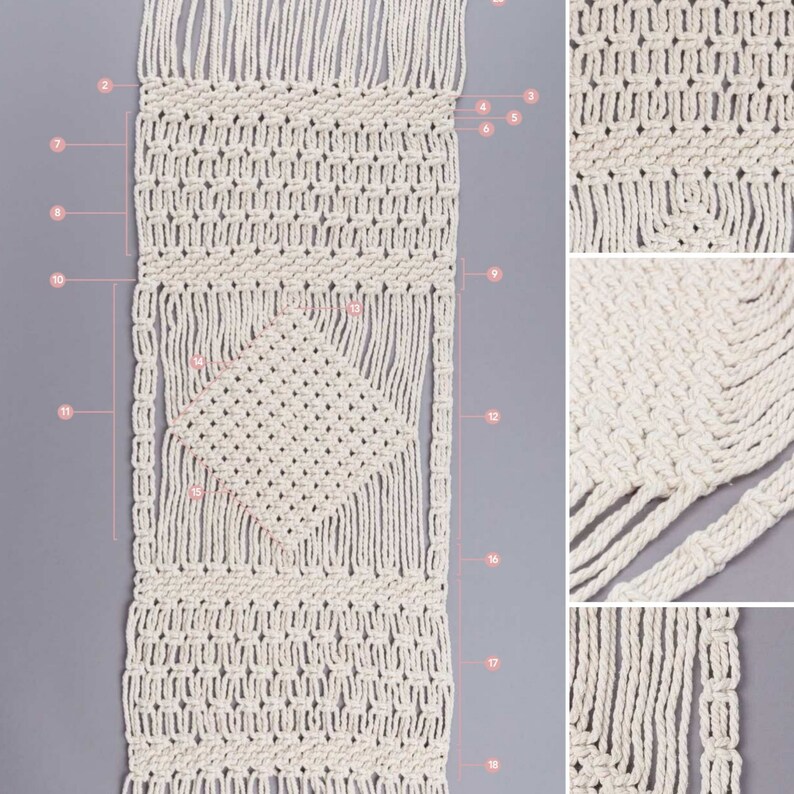 K&ouml;nnte beinhalten: Ein wei&szlig;er Makramee-Wandbehang mit geometrischem Muster. Der Behang ist aus Baumwollschnur gefertigt und hat unten einen Fransen.