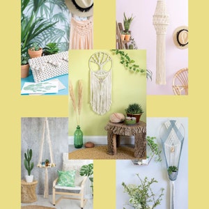 Peut inclure: Une collection de tentures murales en macram&eacute;, comprenant un attrape-r&ecirc;ves, une suspension pour plante et un abat-jour. Le macram&eacute; est r&eacute;alis&eacute; avec du cordon de coton naturel et pr&eacute;sente une vari&eacute;t&eacute; de n&oelig;uds et de motifs. Les tentures sont pr&eacute;sent&eacute;es dans diff&eacute;rents environnements, notamment un salon, une chambre &agrave; coucher et une terrasse.