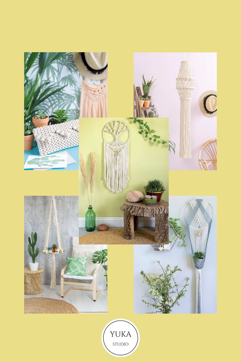 Peut inclure: Une collection de tentures murales en macram&eacute;, comprenant un attrape-r&ecirc;ves, une suspension pour plante et un abat-jour. Le macram&eacute; est r&eacute;alis&eacute; avec du cordon de coton naturel et pr&eacute;sente une vari&eacute;t&eacute; de n&oelig;uds et de motifs. Les tentures sont pr&eacute;sent&eacute;es dans diff&eacute;rents environnements, notamment un salon, une chambre &agrave; coucher et une terrasse.