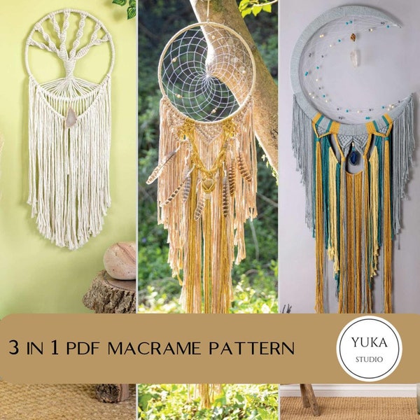 3-in-1 Macrame Pattern PDF with photos, Beginner Macrame Wall Hanging patterns, DIY macrame tutorial,Macrame Dream Catcher Instant download