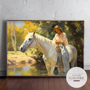 Gentle Woman on Horse Print, Farmhouse Wall Decor, Horse Wall Art, Equestrian Art Prints, Vintage Horse Wall Art, Printable Wall Art