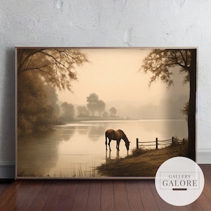 Horse by the Lake Art Print, Vintage Horse Art, Horse Landscape Art, Farmhouse Wall Art, Horse Printable Wall Art, Digital Download