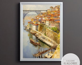 Aquarel Porto stadsgezicht Art Print: vintage reisschilderij (digitale download)